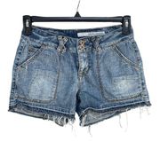 DKNY SZ 4 Jean Shorts Distressed Frayed Hems Medium Wash Mid-Rise Pockets Blue