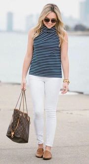 Navy & White Cowl Neck Button Back Sleeveless Top