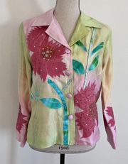 Chadwicks 100% Silk Embellished Floral Jacket Blazer Pink Yellow size 4