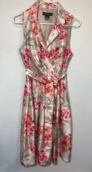 Jessica Howard Womens Collared Retro Floral Midi Faux Wrap Dress Silver Red Sz 6