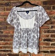 Sonoma Cream Brown Printed Eyelet Short Sleeve Tie Blouse Women's Size XL