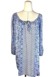 Fred David Blue Bohemian 3/4 Sleeve Tie Neck Peasant Tunic Top Blouse Size 2X