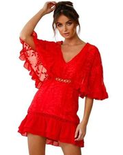 Goodnight Macaroon Floral Ruffle Eyelet Embroidery Batwing Mini Dress Size S Red