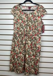 NWT-Merona Cap Sleeve Casual Dress Tan/Pink Abstract Print Sz L Cotton