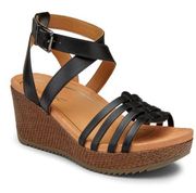 Clarisa Raffia Leather Wedge Sandal Size 7.5 Black