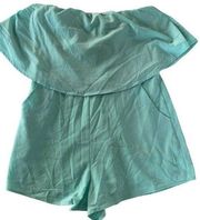 She + Sky Romper Womens Medium Blue Green Strapless Zip Back Pocket Cotton Poly