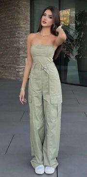 jumpsuit technical fabric cargo sleeveless wide streight leg light khaki