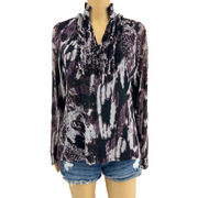 August Silk (S) Sheer Purple Ruffle Pop Collar Mesh Knit Blouse Top Shirt