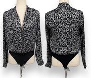 Sincerely Jules Black White Leopard Print Surplice Long Sleeve Bodysuit S NWT
