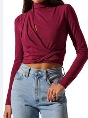 Astr asymmetric pleated cutout mock neck long sleeve top