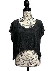 Emma & Sam Womens Black Silver Metallic Hi Low Crop Top Tie Back Open S