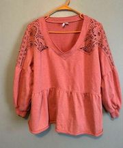 Cato Peplum Raw Hem Lace Detail Shoulder V Neck  Long Sleeve Top Size L