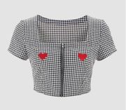 Cider  Double Heart Check Pattern Zip Up Crop Top Blouse SZ M NWT