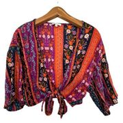 Patrons of Peace Womens Top Sz M Boho Festival Gypsy Hippie Open Front Tie Waist