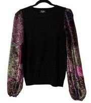 Fate Velvet Burnout knit Sweater top women's medium black floral puff sleeve