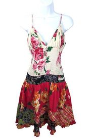Desigual Slip Mini Dress Fit  Flare Floral Multi Media Print Ruffle Crochet 38