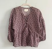 Purple Floral Lace Up Gray Cotton Long Sleeve Blouse