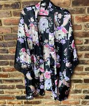 Torrid Black Floral Satin Lace Trim Short Lingerie Robe Women's Sie 2/2X