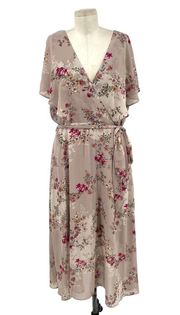 City Chic Flower Child Faux Wrap Dress Midi Dress Beige Plus Size 16