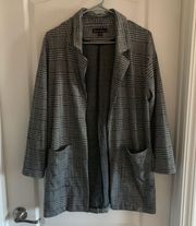 Women’s Small  Houndstooth Plaid Black White Open Front Long Blazer Jacket