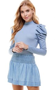 | High Neck Puff Sleeves Bodysuit | S | Blue | CT7555 | DAMAGED