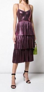 💕MARCHESA NOTTE💕 Lame Pleated Tiered Midi Length Cocktail Dress Lilac Purple 0