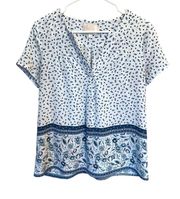 Skies Are Blue Blue White Print Boho Flowy Lightweight Blouse XS