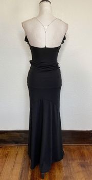 Y2K 2001 Solid Black Embellished back jeweled straps full length backless prom dress