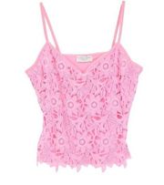 VTG Y2k FLORA NIKROOZ Babydoll Top Womens Sz L Crochet Lace Pink Sleeveless Cami