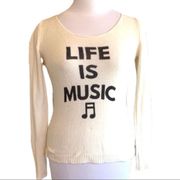 Hot Topic Sweater Long Sleeve Music Cross Back Cream Black Neutral Pullover Knit