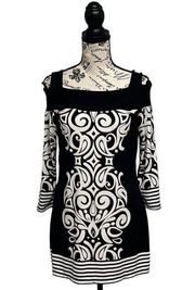 Womens Black White Geometrical Cold Shoulder Mini Jersey Knit Dress M