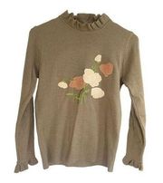 Vintage LeRoy KnitWear Sweater Size Small Brown Flower Floral Embroidered Ruffle