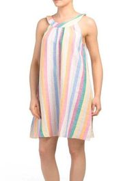 C&C California linen striped rainbow halter dress