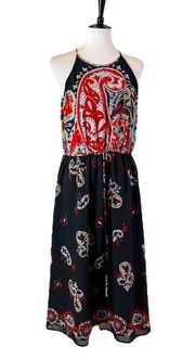 Midi Dress Halter Neck Blouson Tie Waist Chiffon Black Red Women’s Large