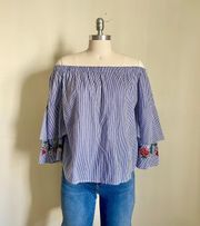 Off The Shoulder Blue And White Embroidered Blouse 