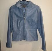 ANN TAYLOR Women’s Light Blue 100% Genuine Leather Full Zip Jacket Size S Petite