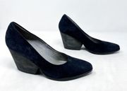 [Eileen Fisher] Navy Blue Pointed Toe Hawk Suede Pumps Stacked Heels Size 6