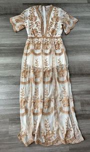 Stella Laguna Beach Floral Embroidered Dress Size L Deep V-Neck Hippie Mesh Maxi