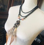 Handcrafted filigree snake Czech Pearl genuine onyx gemstone clasp necklace