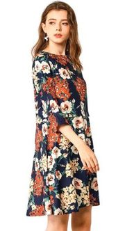 Navy and orange floral shift dress with pockets size medium