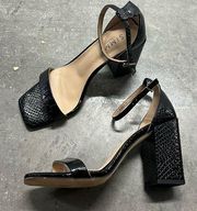 SIMMI Black Chunky Heel Square Toe Faux Snakeskin Embossed Ankle Strap Heels