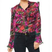 MISA Los Angeles Anita Holiday Sparkle Floral Metallic Ruffled Top Women's Small