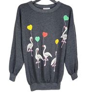 Julie Girl Vintage Gray Floating Flamingo Heart Balloons Sweatshirt Large