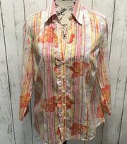 Talbots floral, striped blouse with ruffle button blouse with loose sleeves M