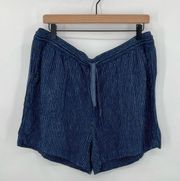 linen blend navy blue white stripe shorts