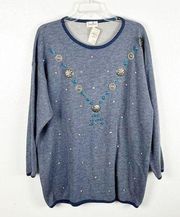 NEIMAN MARCUS Blue Long Sleeves Beaded Top, Size Large