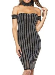 Banjul Bodycon Choker Striped Studded Dress Black Silver Size Medium NWT