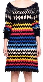 Farm Rio chevron striped multi color rainbow eyelash sweater dress size medium