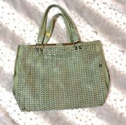 Beach Front Tote Bag Perforated Cut Out Faux Leather Green