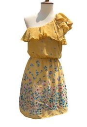 Eyelash Couture Dress Sz XS Yellow Ruffles One Shoulder Floral Cinch Waist